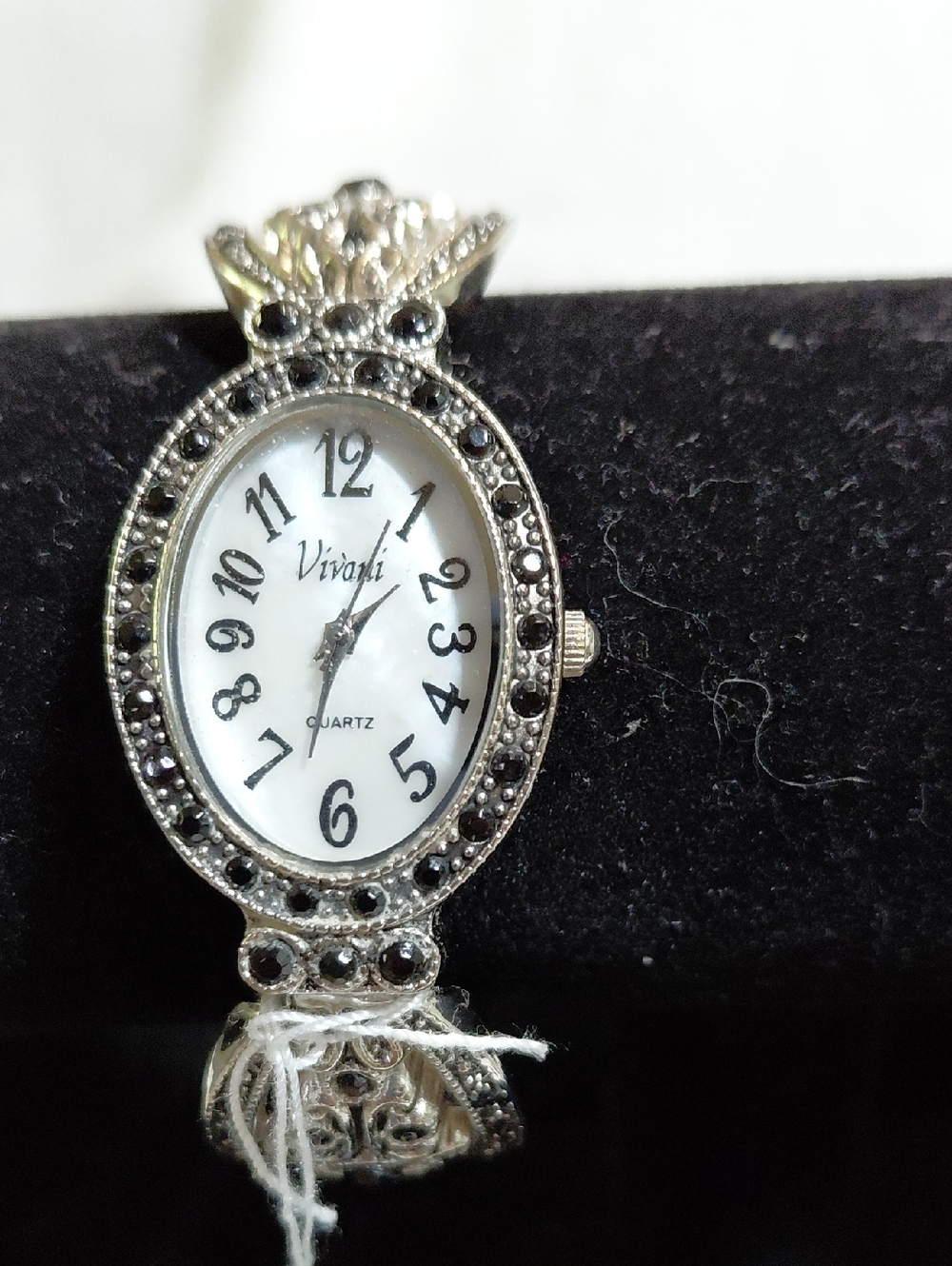 Vivani Women's Silver-Tone Oval Watch with Black Crystal Accents